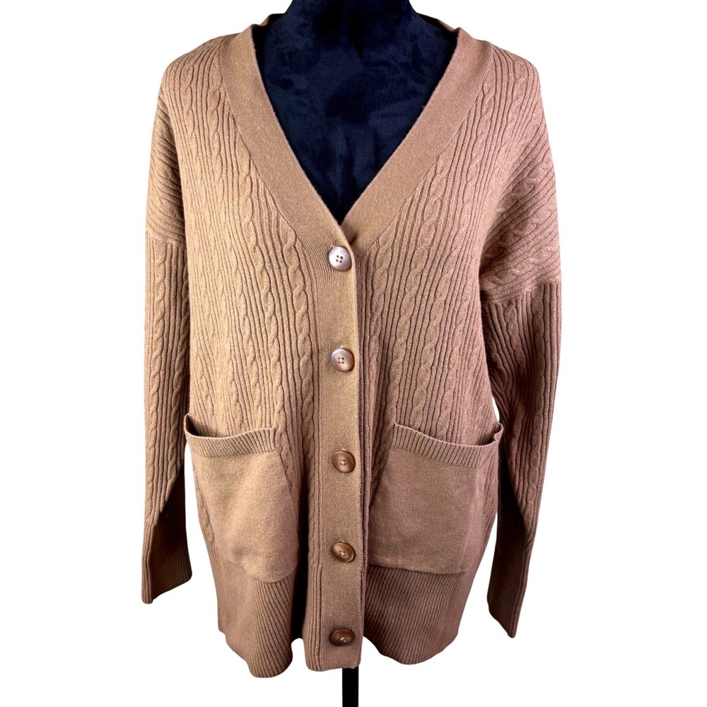 Ecothreads Cinnamon Swirl Boyfriend Cardigan Sweater Brown Cable Knit Medium NWT